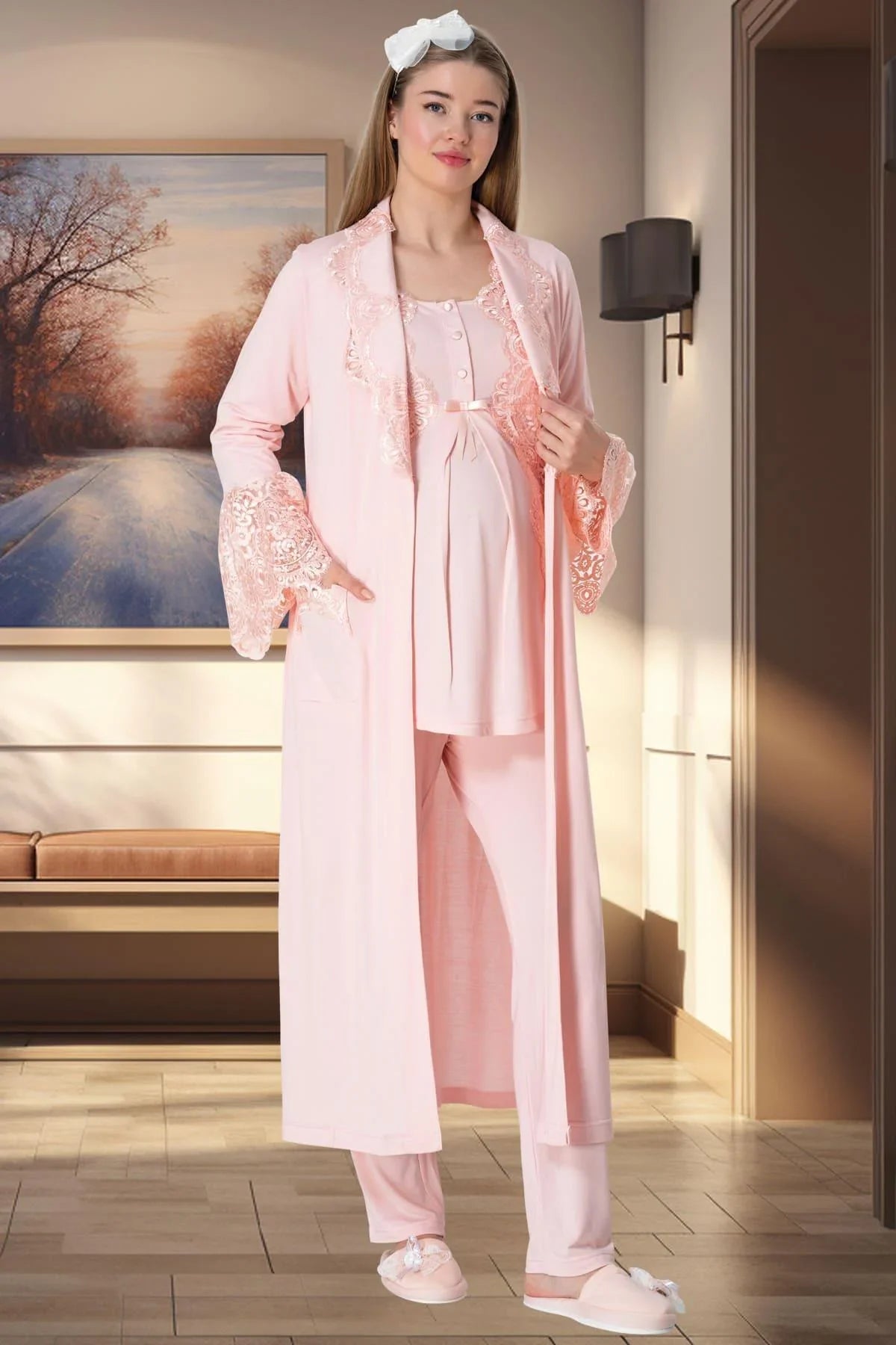 Lace Collar 3-Piece Maternity-Nursing Pajama & Robe Set Powder - 5353