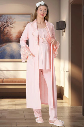 Lace Collar 3-Piece Maternity-Nursing Pajama & Robe Set Powder - 5353