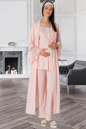 Lace Collar 3-Piece Maternity-Nursing Pajama & Robe Set Powder - 5353