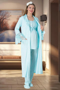 Lace Collar 3-Piece Maternity Feeding-Friendly Pajama & Robe Set Turquoise - C5353