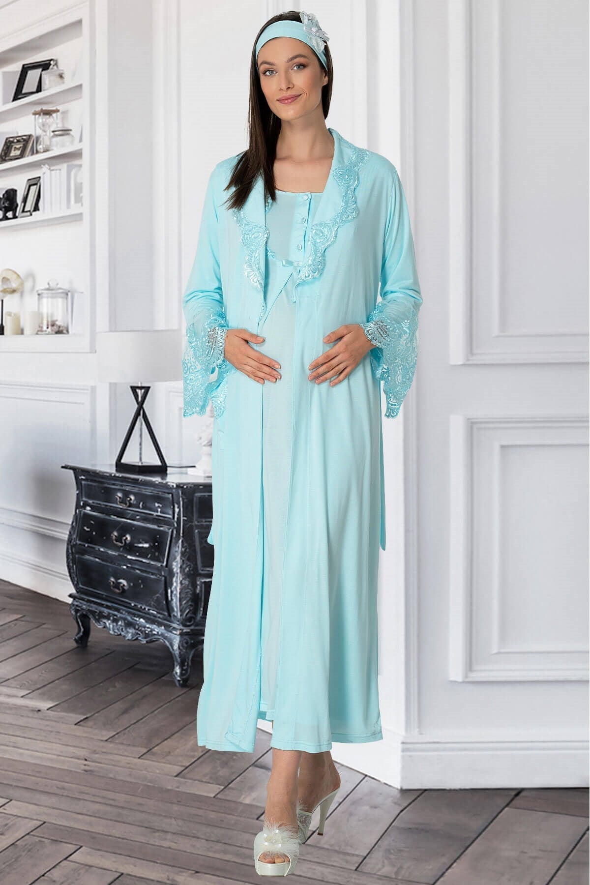 Lace Collar Maternity Feeding-Friendly Nightgown & Robe Set Turquoise - C5354