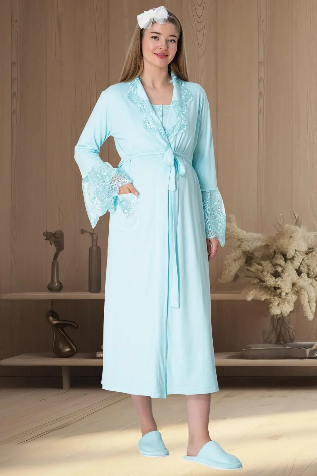 Lace Collar Maternity Feeding-Friendly Nightgown & Robe Set Turquoise - C5354