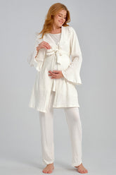 Jacquard 3-Piece Maternity-Nursing Pajama & Flywheel Arm Robe Set Ecru - 540