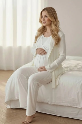 Jacquard 3-Piece Maternity-Nursing Pajama & Flywheel Arm Robe Set Ecru - 540