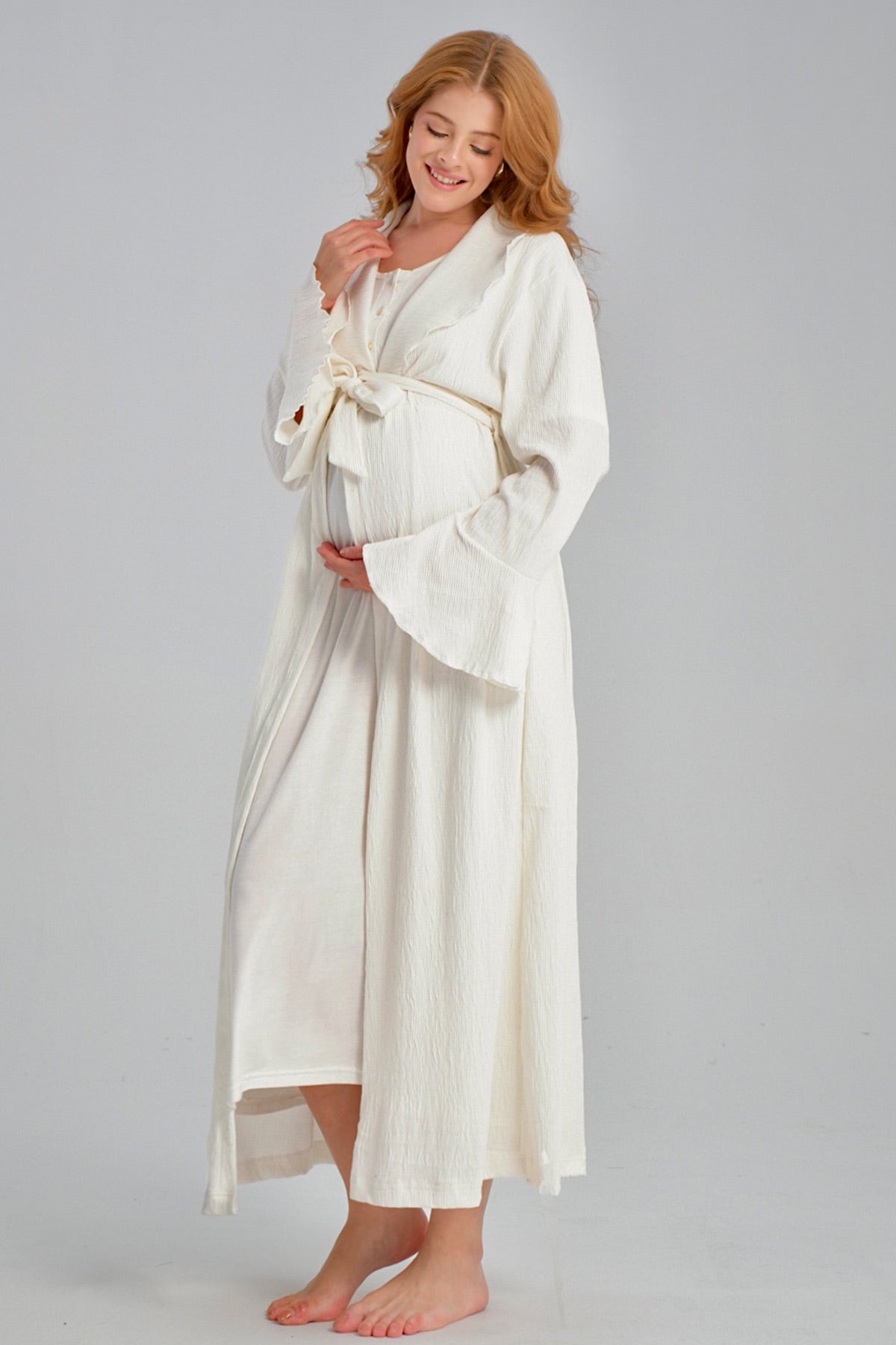 Lace Jacquard Maternity-Nursing Nightgown & Flywheel Arm Robe Set Ecru - 541