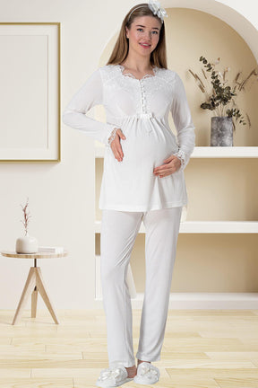 Elegant Lace 3-Piece Maternity-Nursing Pajama & Robe Set Ecru - 5416