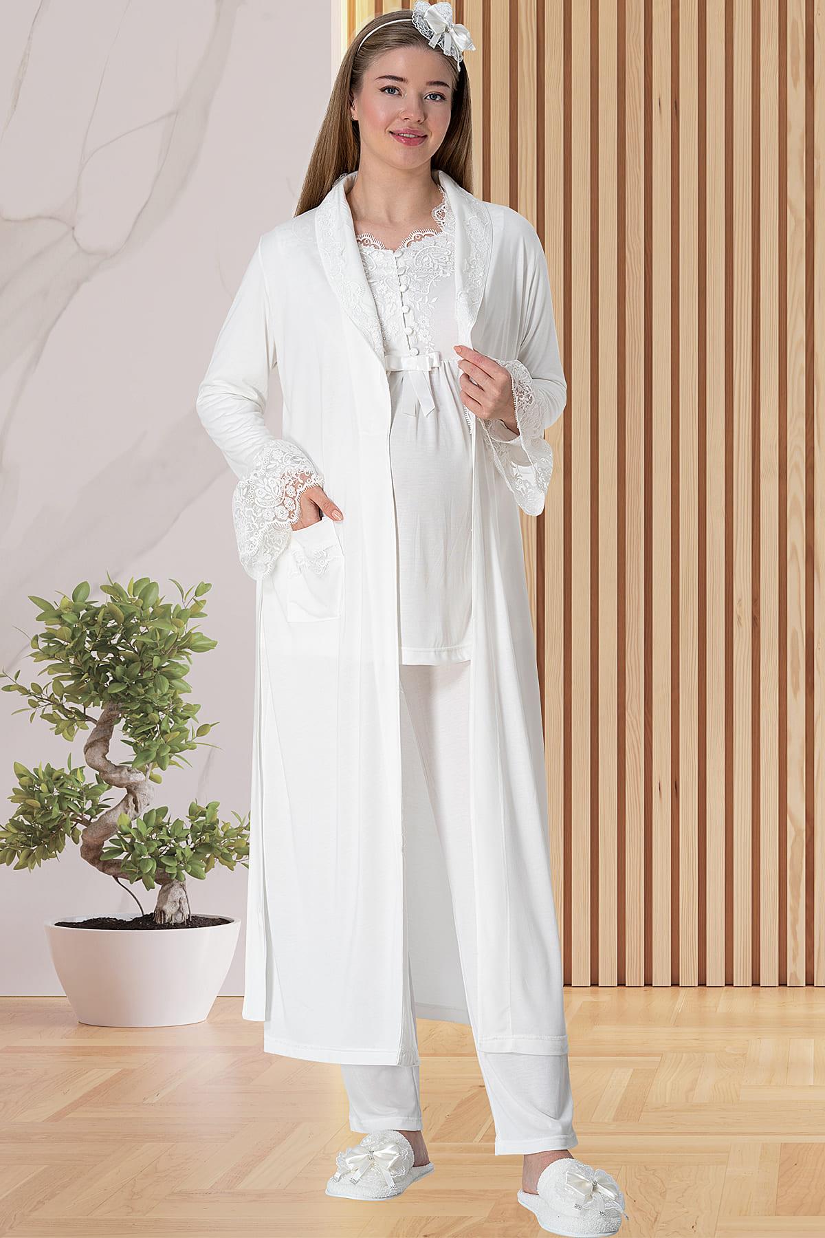 Elegant Lace 3-Piece Maternity-Nursing Pajama & Robe Set Ecru - 5416