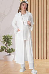 Elegant Lace 3-Piece Maternity-Nursing Pajama & Robe Set Ecru - 5416