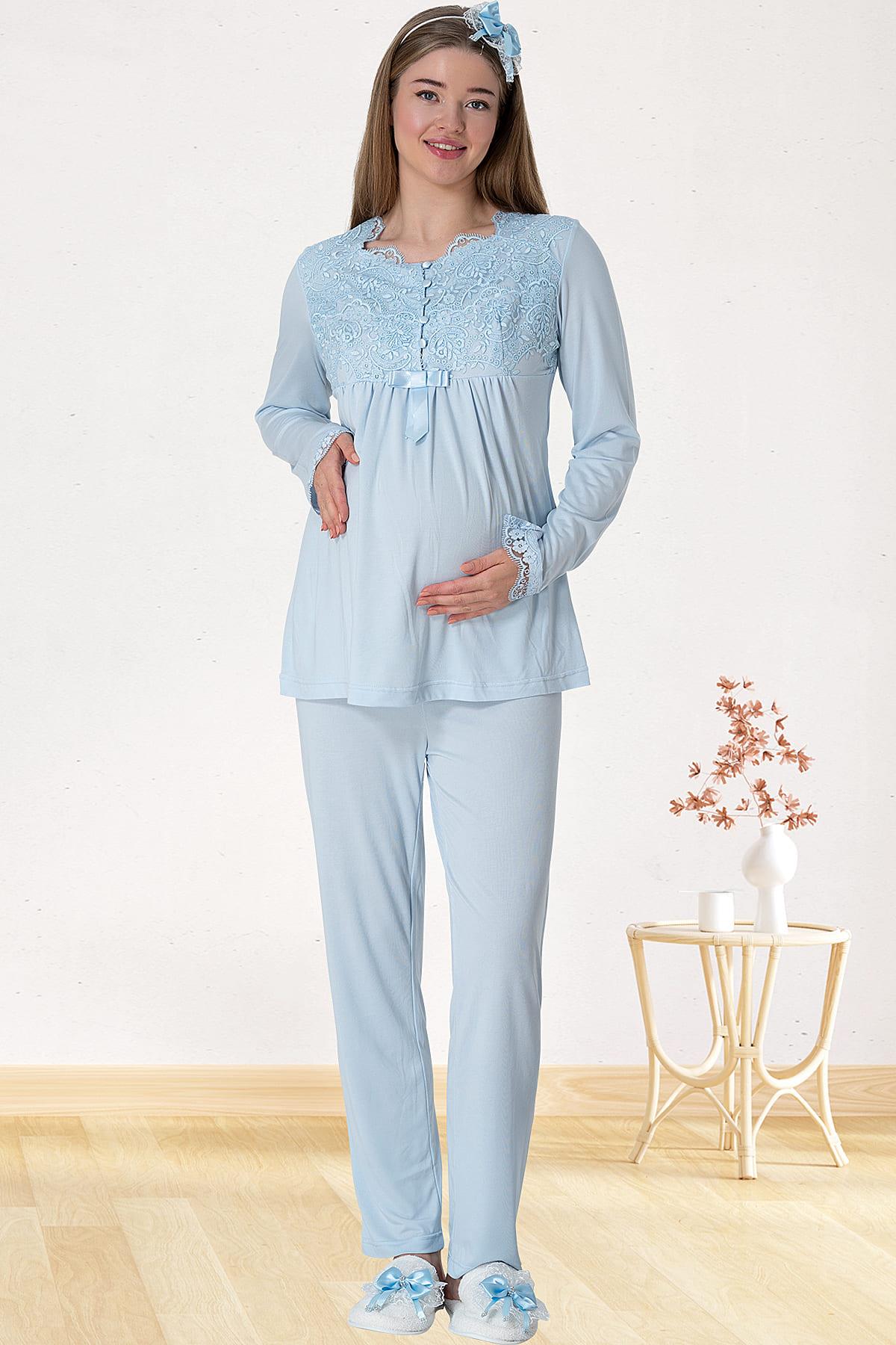 Elegant Lace 3-Piece Maternity-Nursing Pajama & Robe Set Blue - 5416