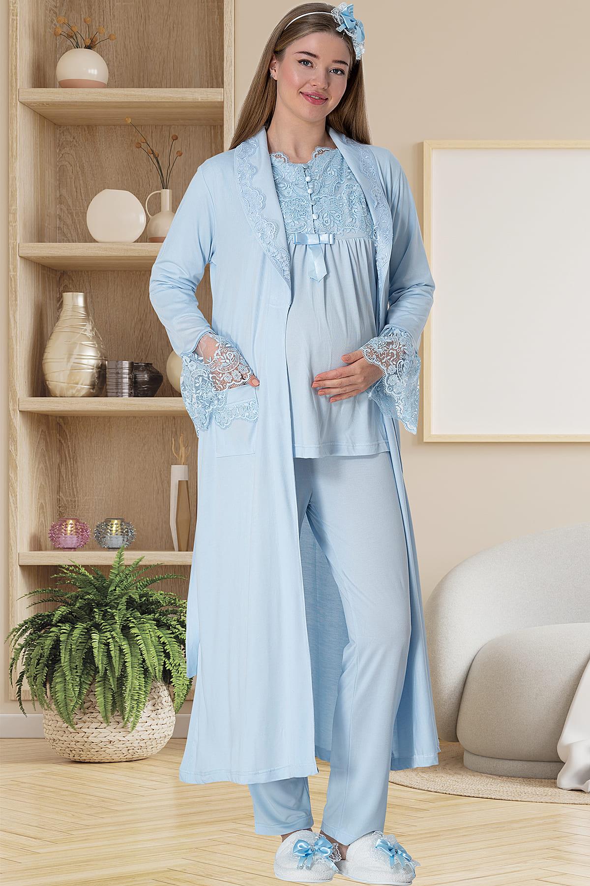 Elegant Lace 3-Piece Maternity-Nursing Pajama & Robe Set Blue - 5416