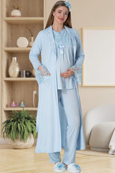 Elegant Lace 3-Piece Maternity-Nursing Pajama & Robe Set Blue - 5416