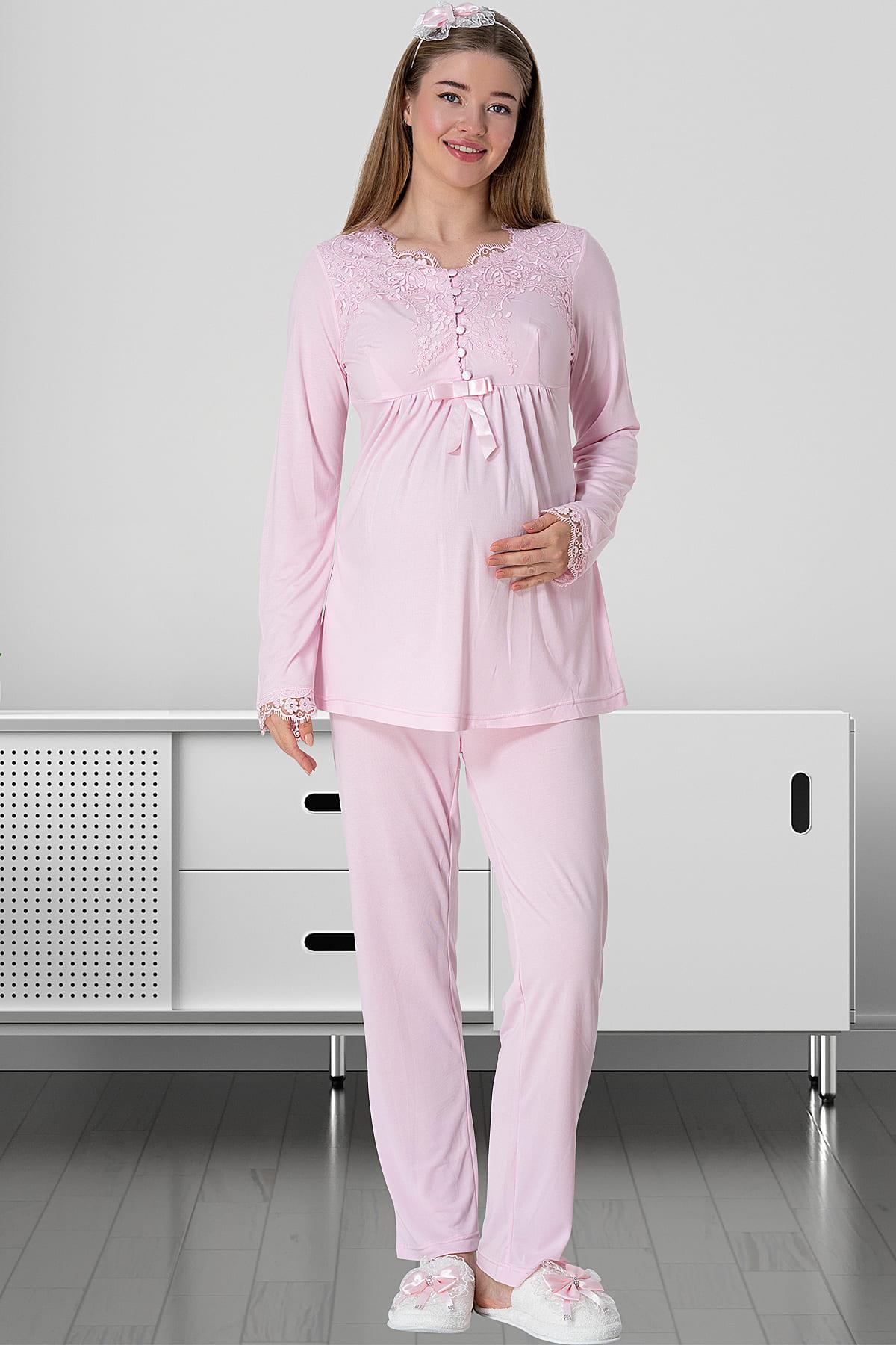 Elegant Lace 3-Piece Maternity-Nursing Pajama & Robe Set Pink - 5416