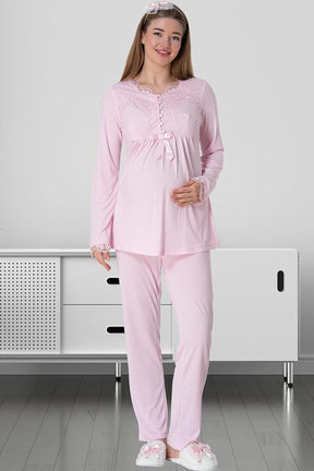 Elegant Lace 3-Piece Maternity-Nursing Pajama & Robe Set Pink - 5416