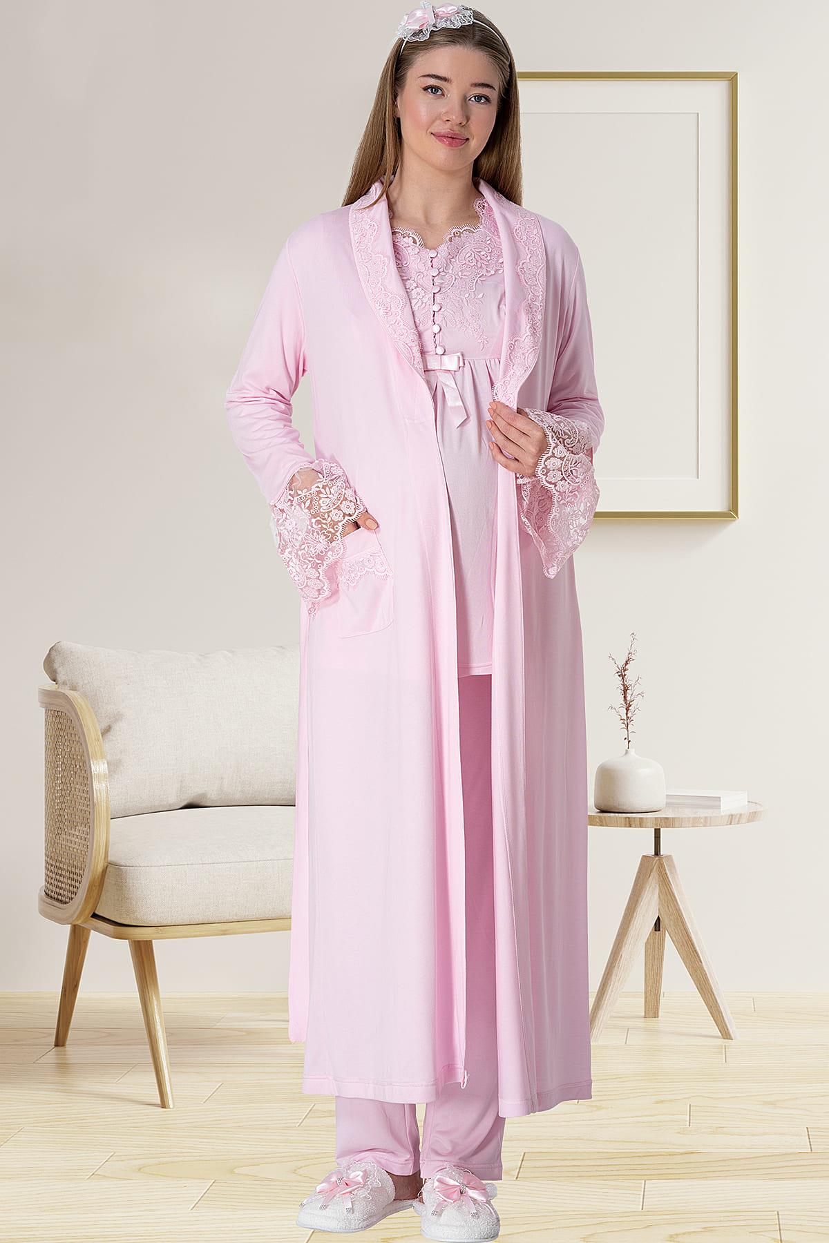 Elegant Lace 3-Piece Maternity-Nursing Pajama & Robe Set Pink - 5416