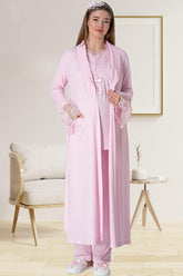 Elegant Lace 3-Piece Maternity-Nursing Pajama & Robe Set Pink - 5416