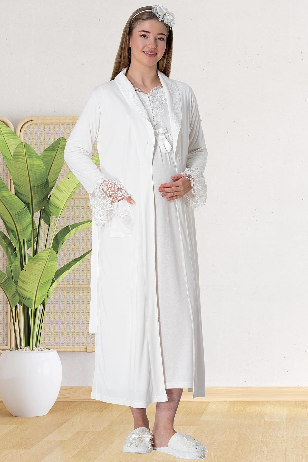 Elegant Lace Maternity Feeding-Friendly Nightgown & Robe Set Ecru - C5417