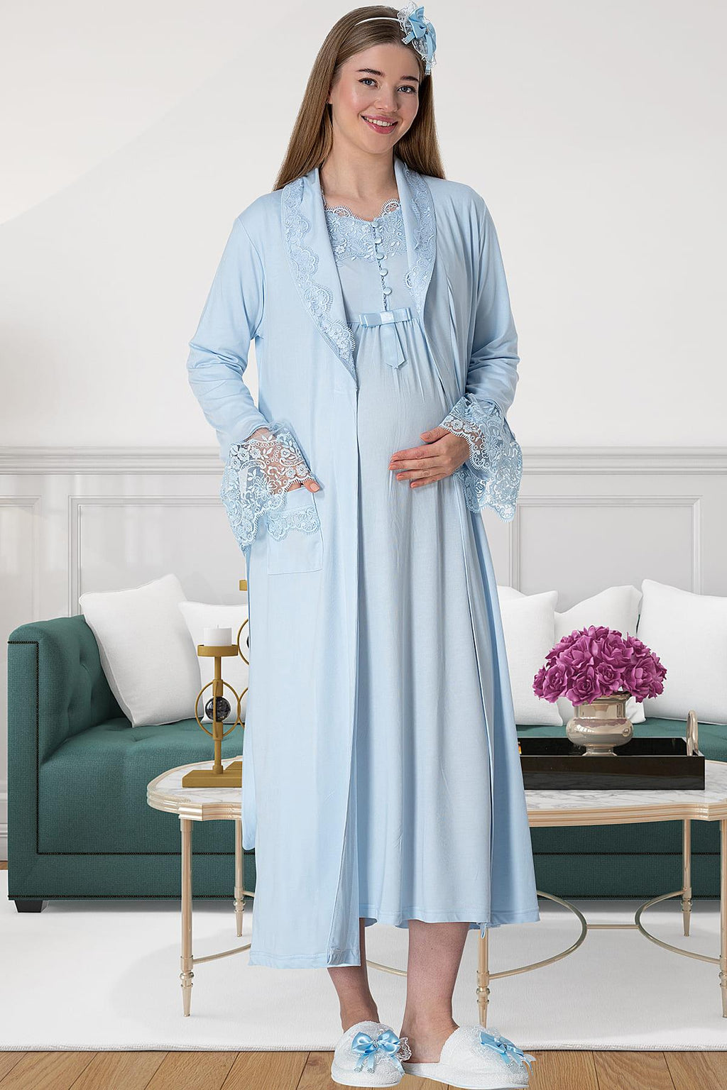 Elegant Lace Maternity Feeding-Friendly Nightgown & Robe Set Blue - C5417