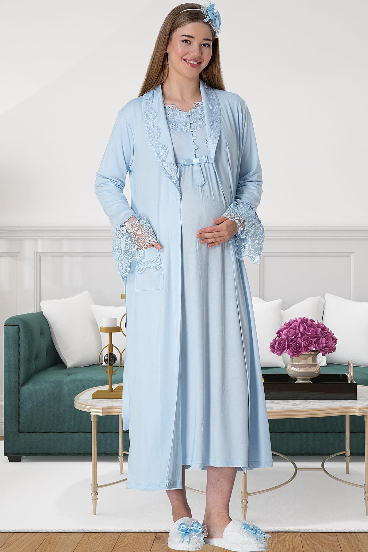 Elegant Lace Maternity Feeding-Friendly Nightgown & Robe Set Blue - C5417