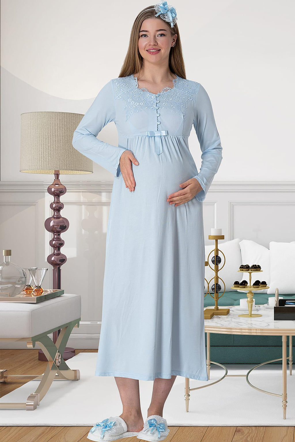 Elegant Lace Maternity Feeding-Friendly Nightgown & Robe Set Blue - C5417