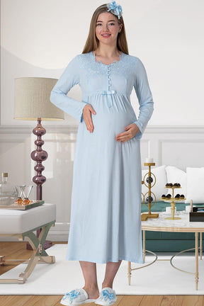 Elegant Lace Maternity-Nursing Nightgown & Robe Set Blue - 5417