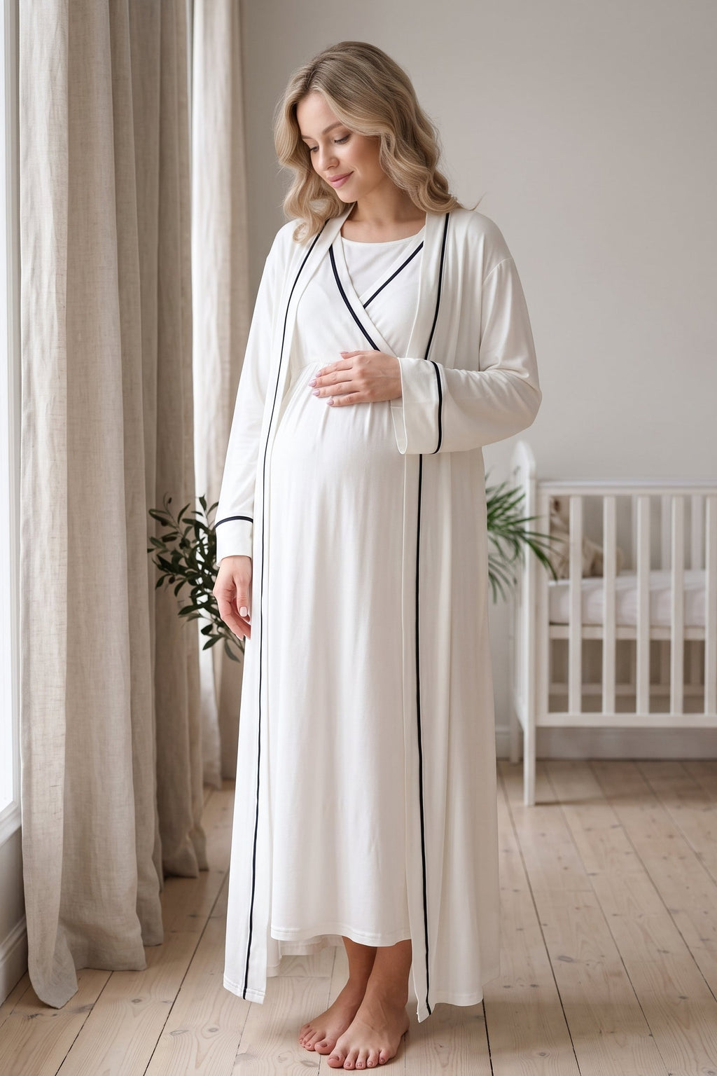 Striped Wrap Maternity Feeding-Friendly Nightgown & Robe Set Ecru - L542