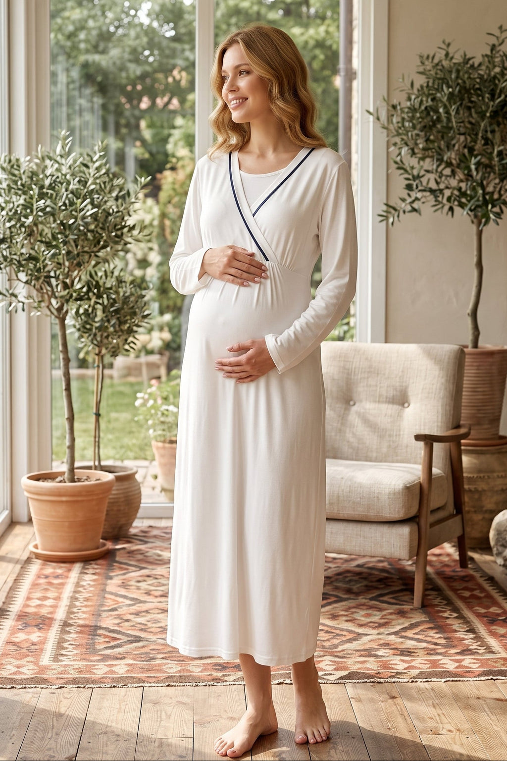 Striped Wrap Maternity Feeding-Friendly Nightgown & Robe Set Ecru - L542