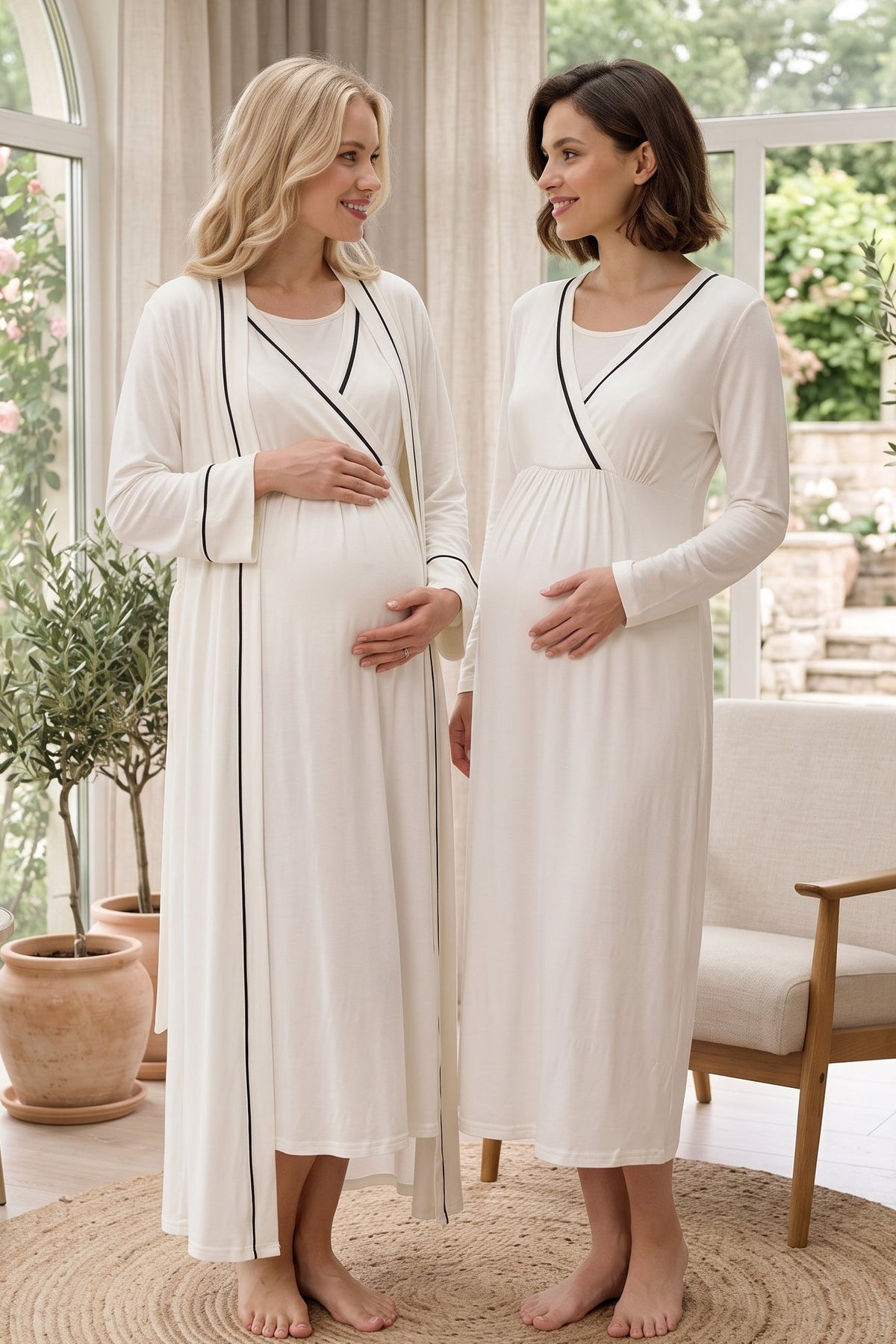 Striped Wrap Maternity Feeding-Friendly Nightgown & Robe Set Ecru - L542