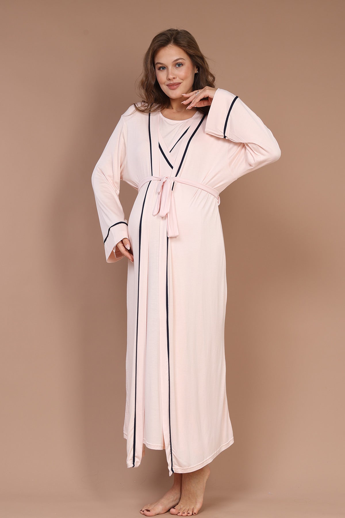 Striped Double Breasted Maternity-Nursing Nightgown & Robe Set Pink - 543