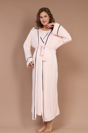 Striped Double Breasted Maternity-Nursing Nightgown & Robe Set Pink - 543