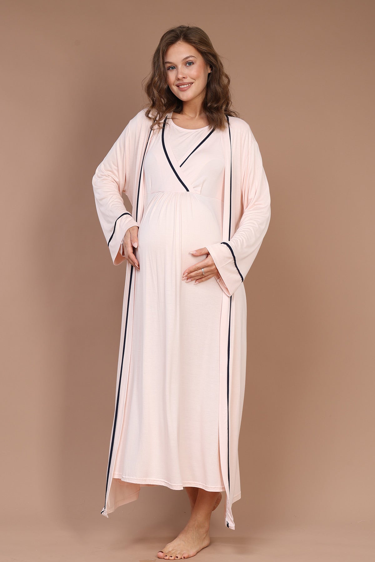 Striped Double Breasted Maternity-Nursing Nightgown & Robe Set Pink - 543