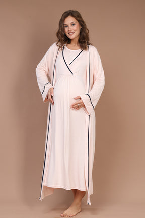 Striped Double Breasted Maternity-Nursing Nightgown & Robe Set Pink - 543
