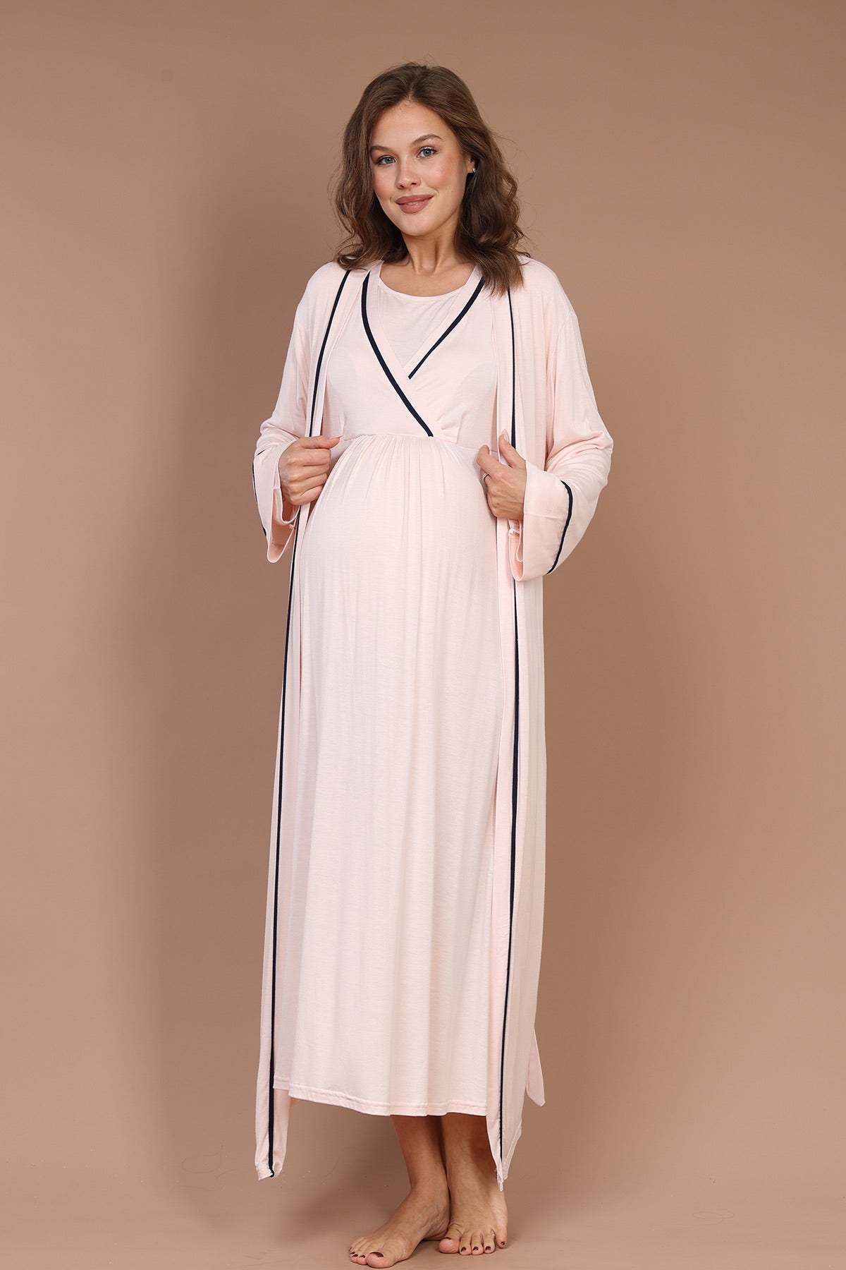 Striped Double Breasted Maternity-Nursing Nightgown & Robe Set Pink - 543