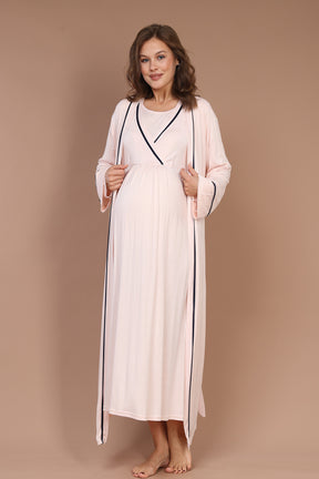 Striped Double Breasted Maternity-Nursing Nightgown & Robe Set Pink - 543