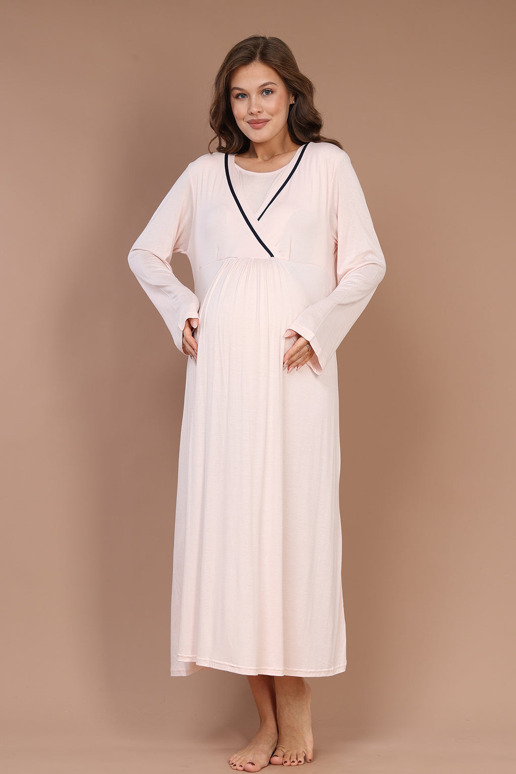 Striped Double Breasted Maternity-Nursing Nightgown & Robe Set Pink - 543