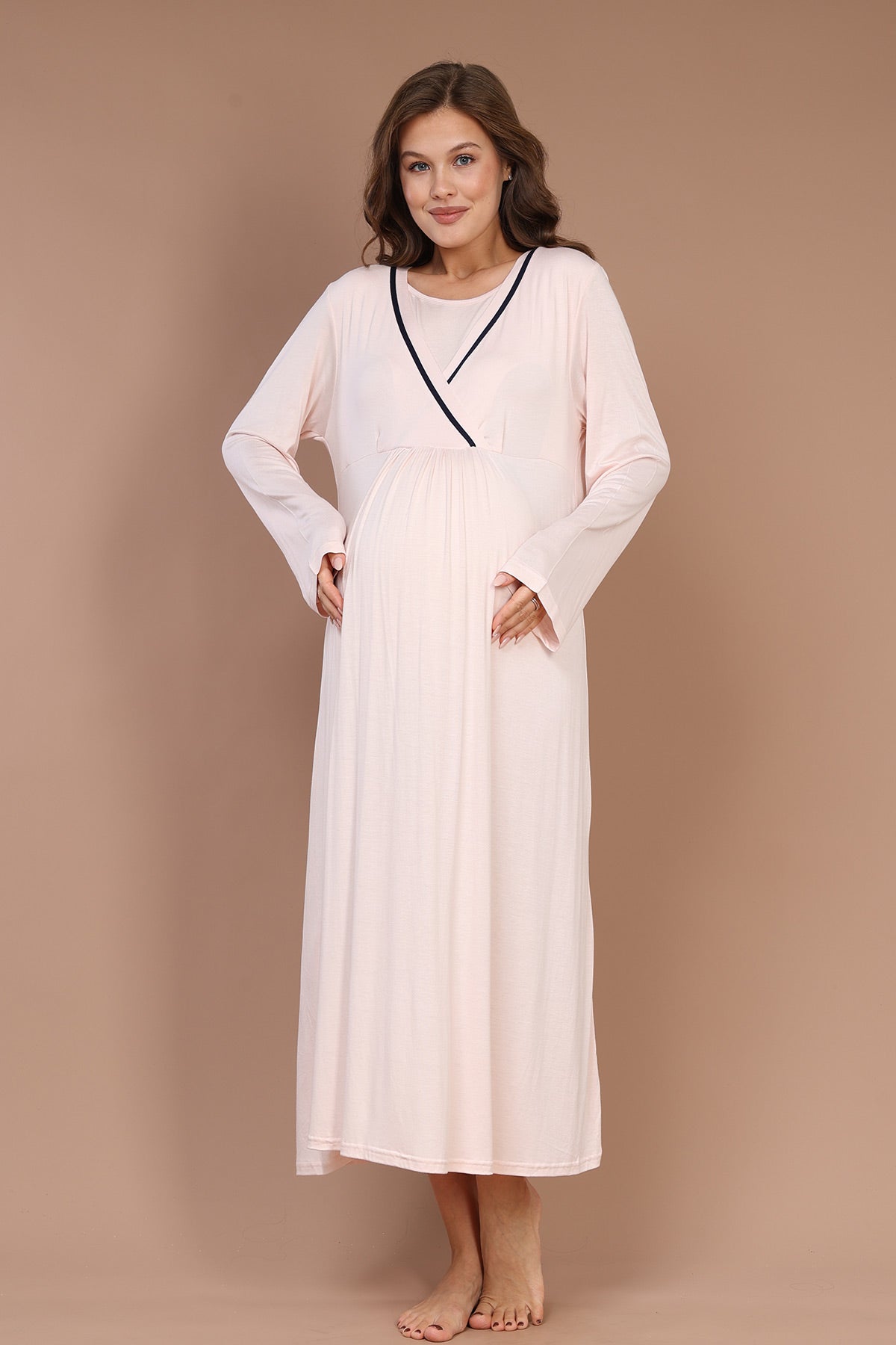 Striped Double Breasted Maternity-Nursing Nightgown & Robe Set Pink - 543