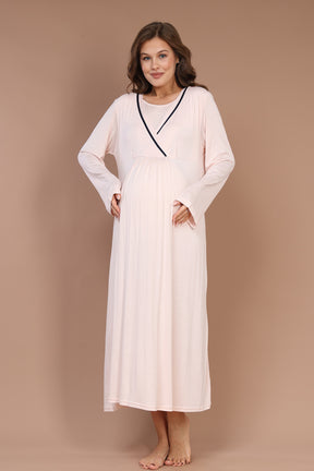 Striped Double Breasted Maternity-Nursing Nightgown & Robe Set Pink - 543