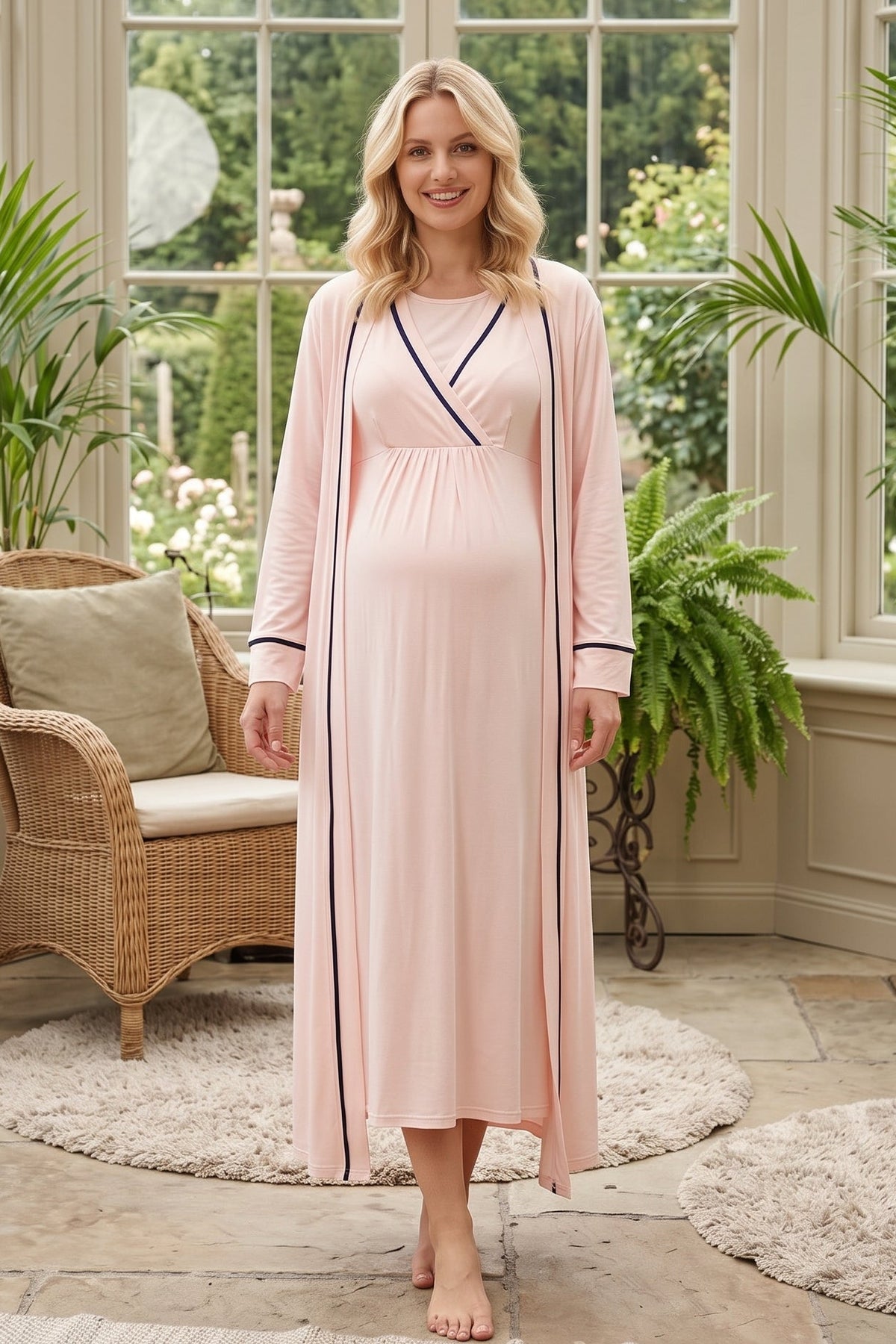 Striped Wrap Maternity Feeding-Friendly Nightgown & Robe Set Pink - L543