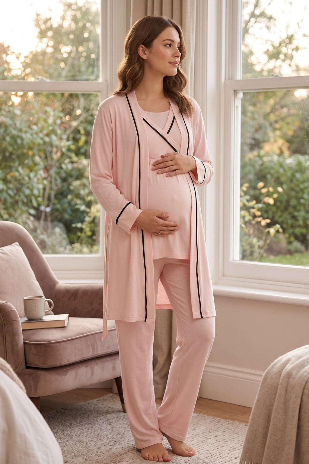 Striped Wrap 3-Piece Maternity Feeding-Friendly Pajama & Robe Set Pink - L546