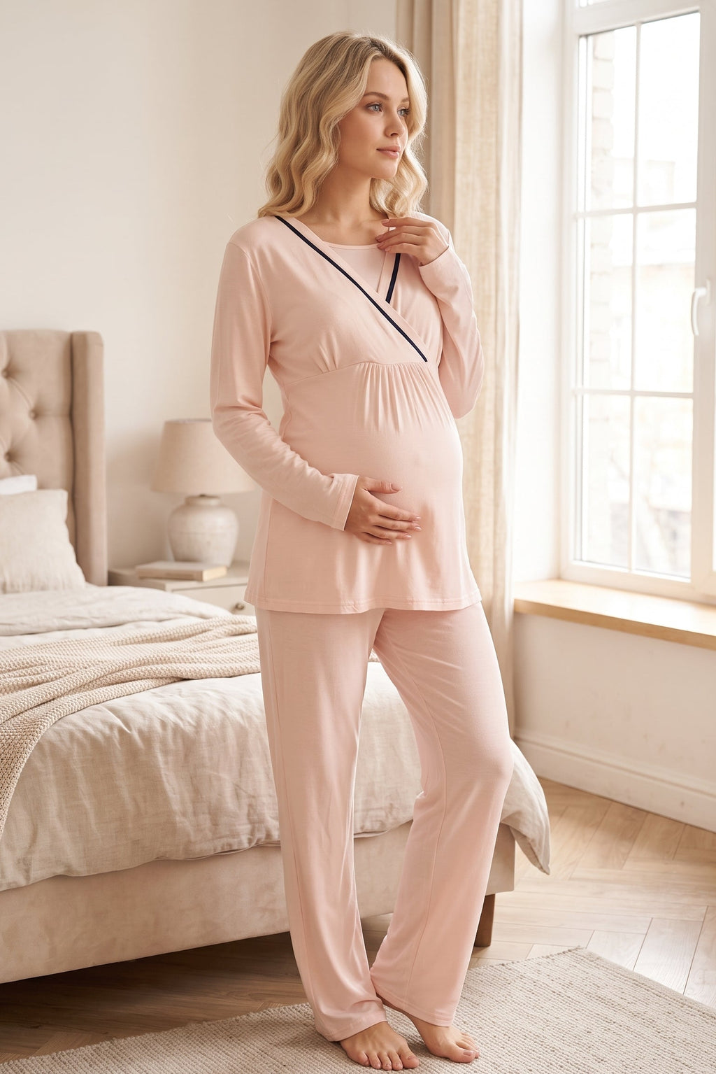 Striped Wrap 3-Piece Maternity Feeding-Friendly Pajama & Robe Set Pink - L546