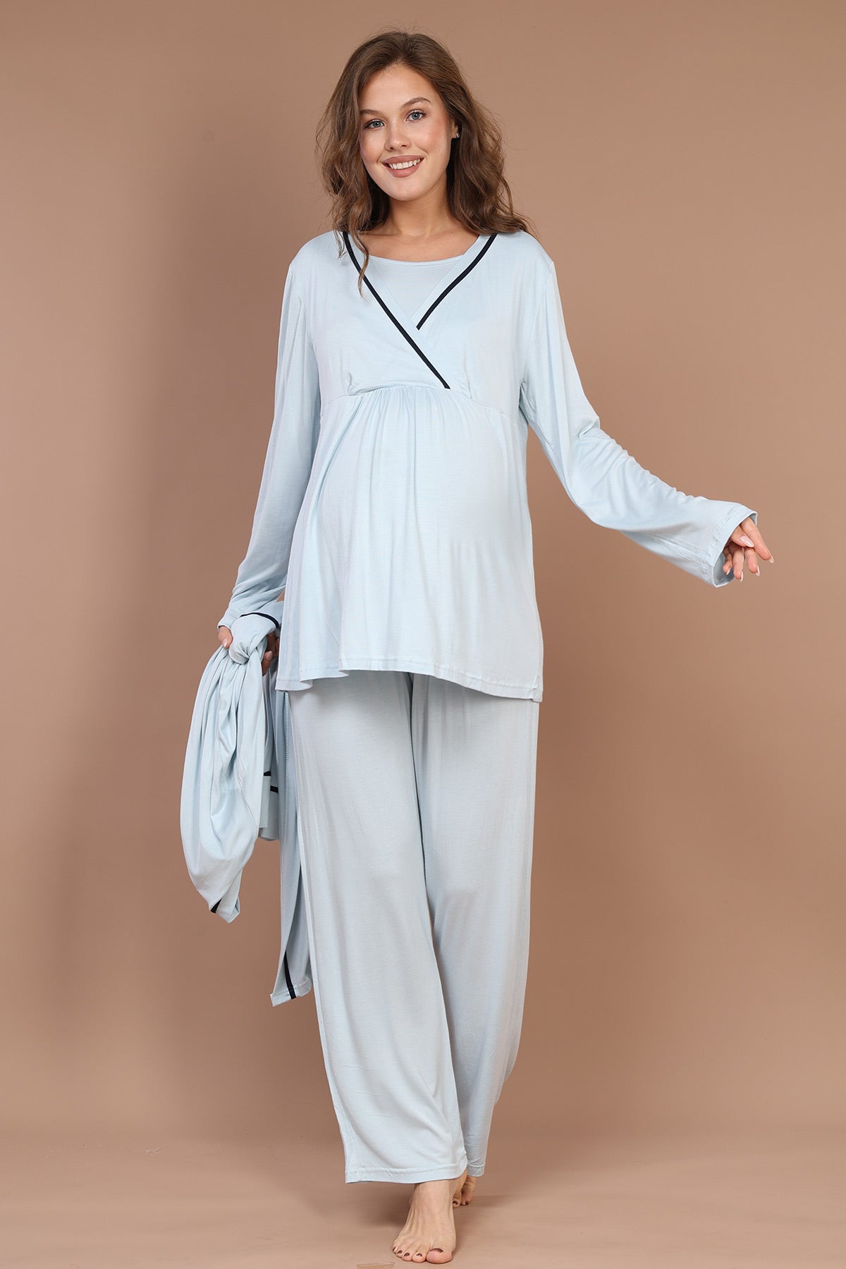 Striped Double Breasted 3-Pieces Maternity & Nursing Pajamas With Robe Blue - 547