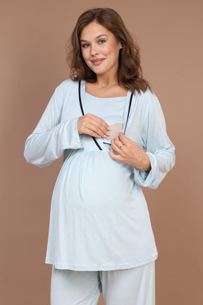Striped Double Breasted 3-Pieces Maternity & Nursing Pajamas With Robe Blue - 547
