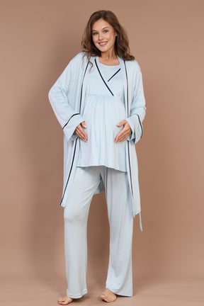 Striped Double Breasted 3-Pieces Maternity & Nursing Pajamas With Robe Blue - 547