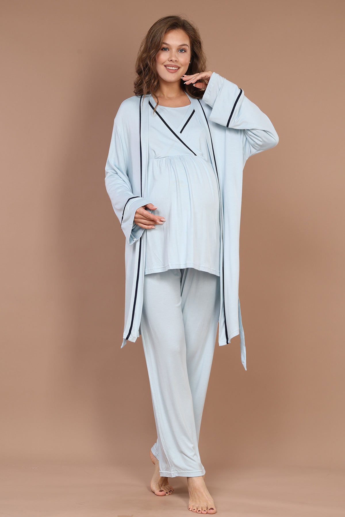 Striped Double Breasted 3-Pieces Maternity & Nursing Pajamas With Robe Blue - 547