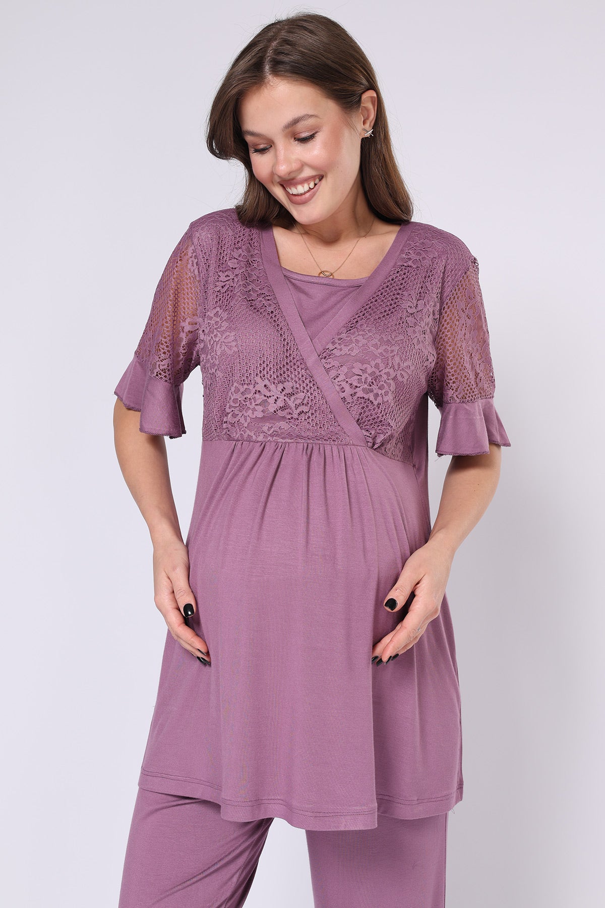 Maternity Dress Plus Size Nursing Pajamas Lace Embroidered 3-Piece