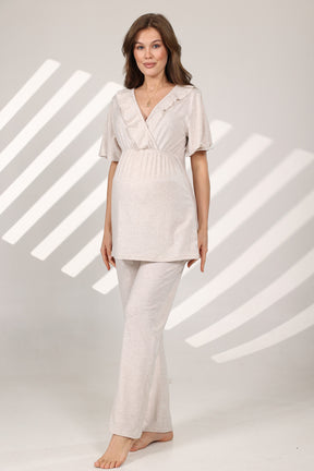 Pleated Breastfeeding Detailed 3-Piece Maternity-Nursing Pajama & Flywheel Arm Robe Set Beige - 573