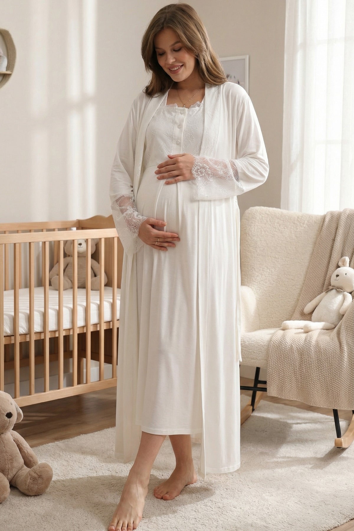 Lace Sleeve Maternity-Nursing Nightgown & Robe Set Ecru - 576