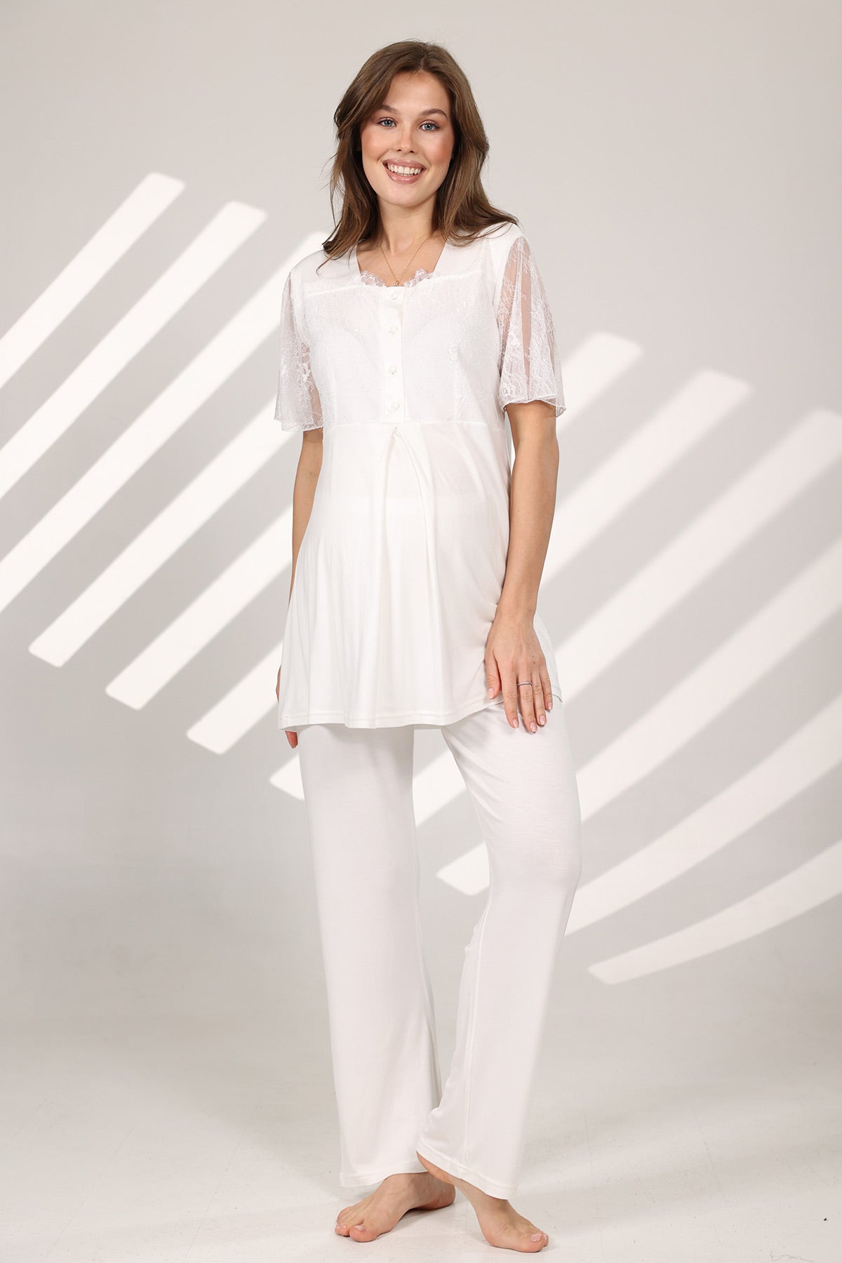 Lace Sleeve 3-Piece Maternity-Nursing Pajama Robe Set Ecru 577