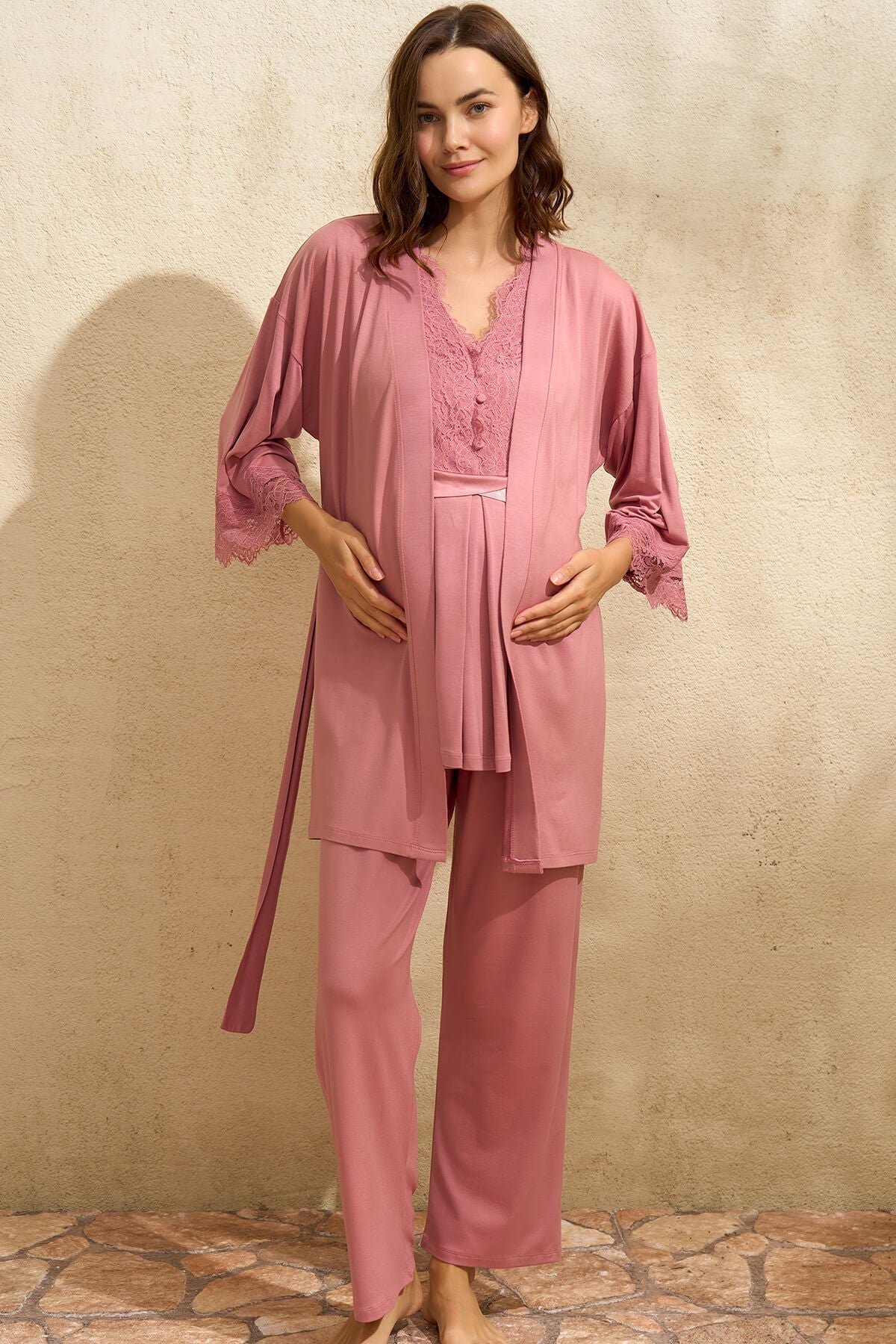 Lace Detailed 3-Piece Maternity-Nursing Pajama & Robe Set Dried Rose - 5771