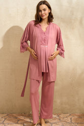 Lace Detailed 3-Piece Maternity-Nursing Pajama & Robe Set Dried Rose - 5771