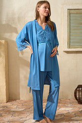 Lace Detailed 3-Piece Maternity-Nursing Pajama & Robe Set Blue - 5771
